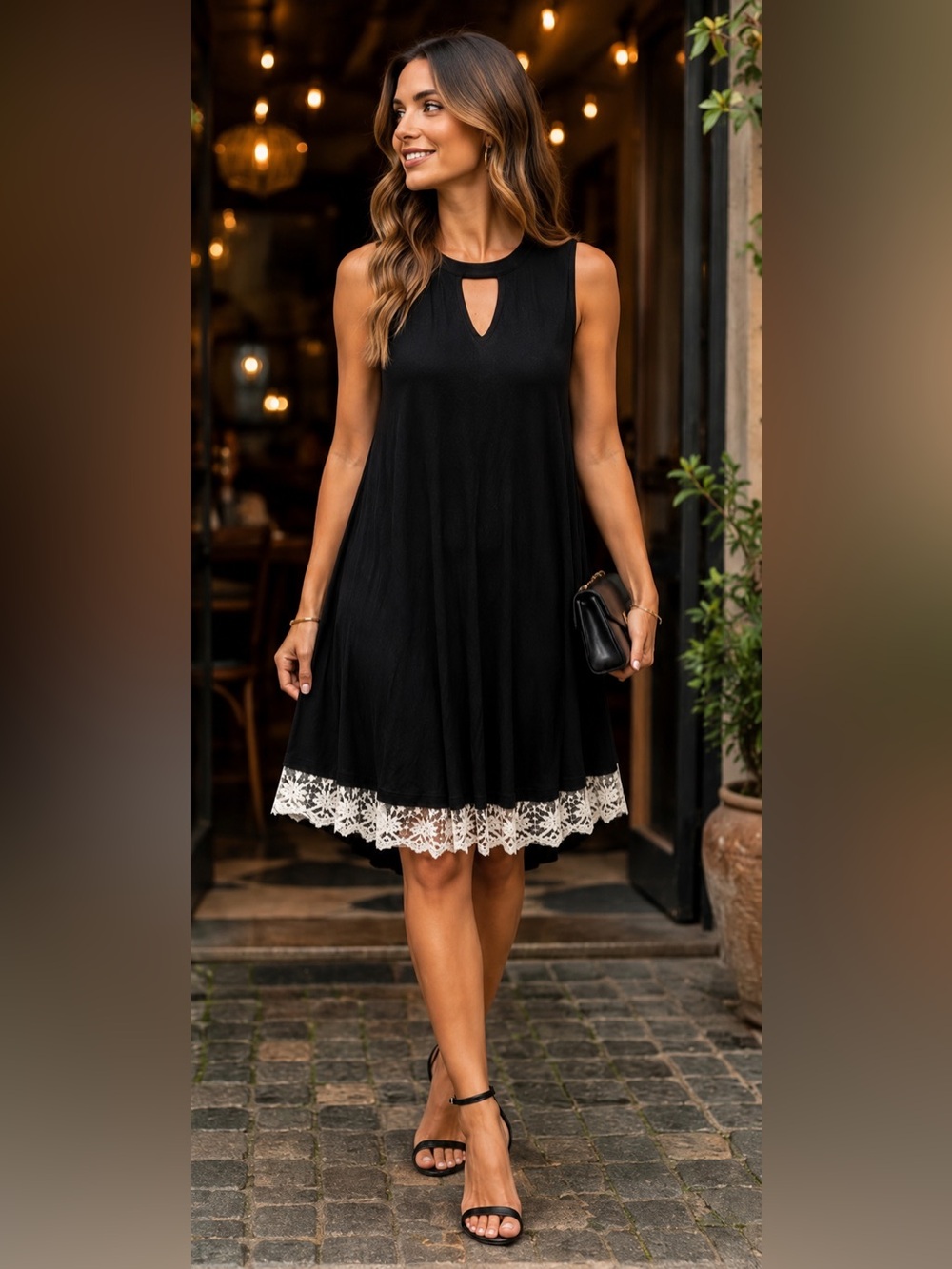Umgee Black Lace Hem Keyhole Swing Dress Sleeveless | Medium